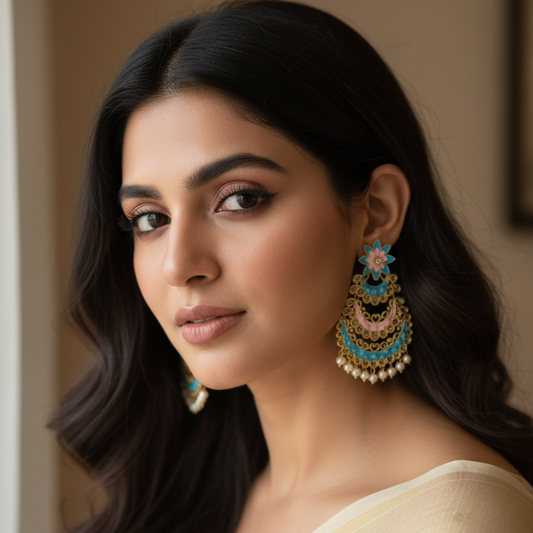 Azzure Cyan Pink Minakari Jhumkas