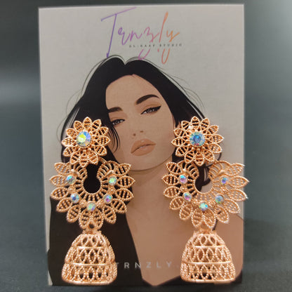 Ornate Rose Gold Floral Jhumkas