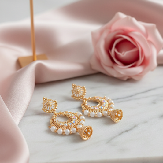 Charming Rose Gold Pearl Jhumkas at Rs 1