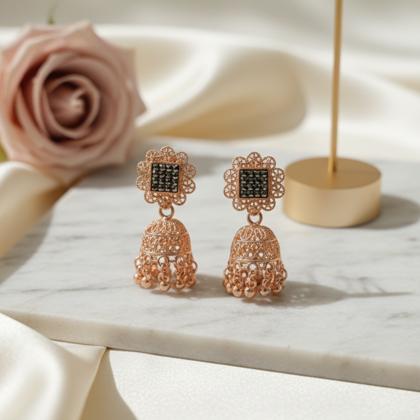 Black Elegance Jhumkas - Rose Gold