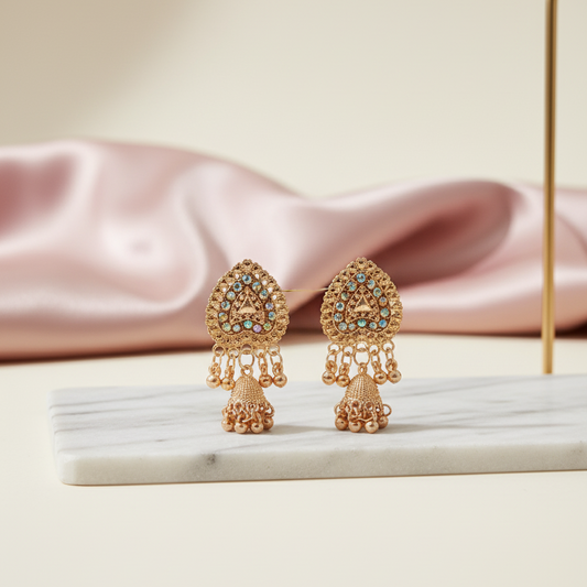 Rose Gold Stone Embellished Jhumkas at Rs 1